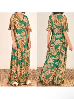 NWT FARM RIO Green Raining Bananas Maxi Wrap Dress L